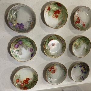 T&V LIMOGES Hand Painted Berry Dishes ANTIQUE Set of Nine FRANCE